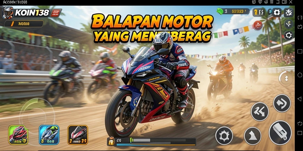 Screenshot gameplay KOIN138 yang menunjukkan aksi balapan motor yang mendebarkan.