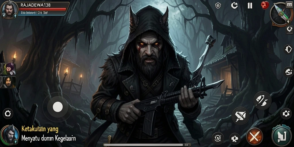 Screenshot gameplay RAJADEWA138 menampilkan suasana seram penuh misteri.
