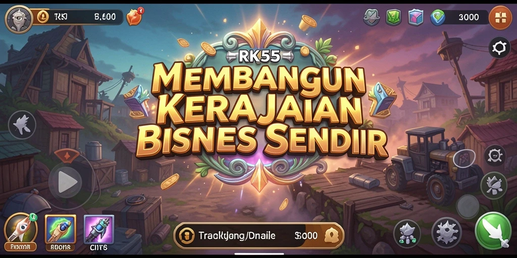 Screenshot gameplay RK55 menampilkan dinamika membangun kerajaan bisnis.
