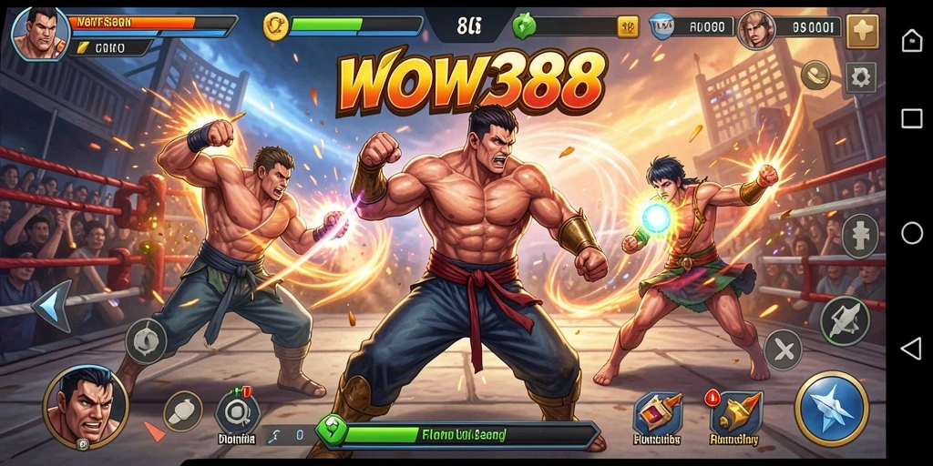 Tampilan aksi seru dalam gameplay Fighting WOW388 di arena.